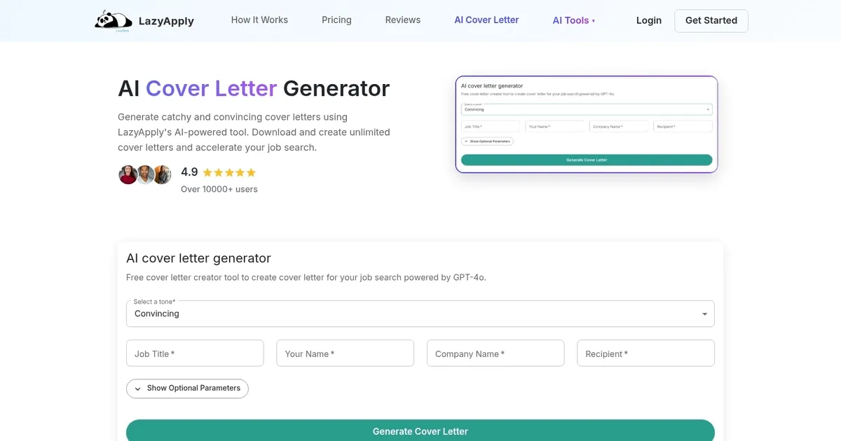 LazyApply AI Cover Letter Generator - screenshot